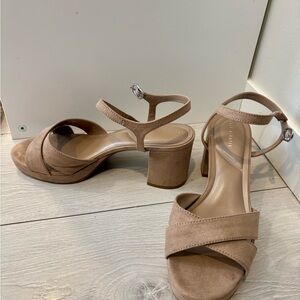 Kelly & Katie Taupe Suede Block Heel Ankle Strap Sandals